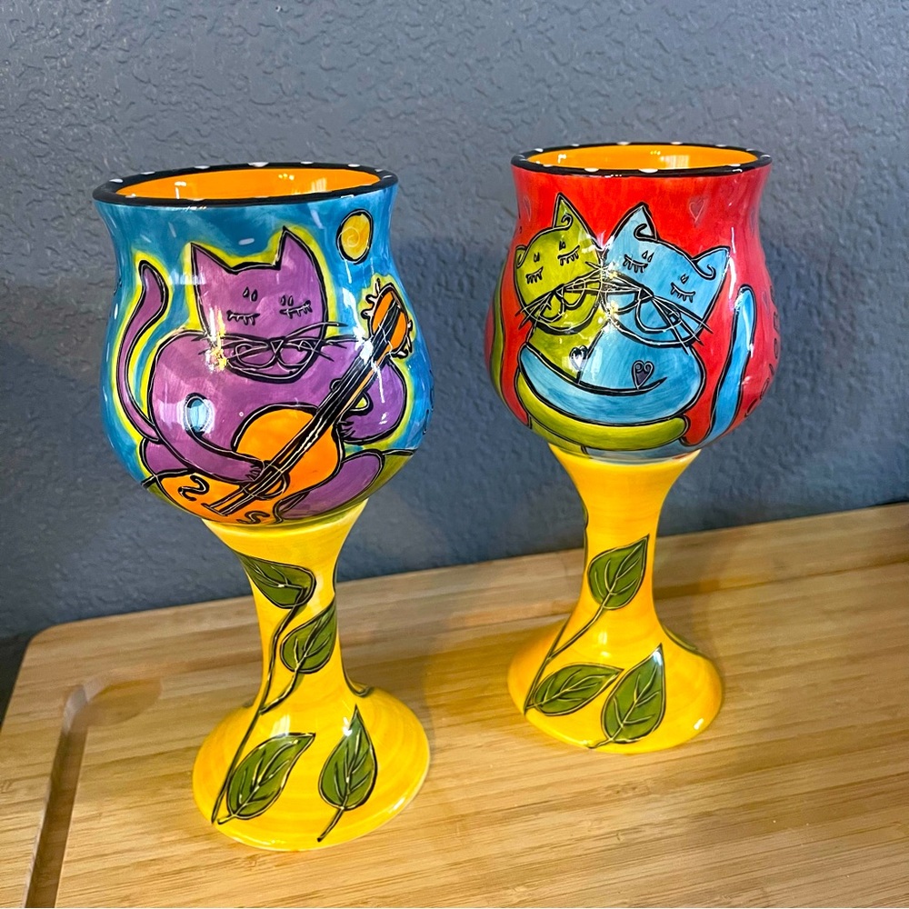 2 Vintage 90’s Happy Cat by Outi Large Ceramic Wine Goblets